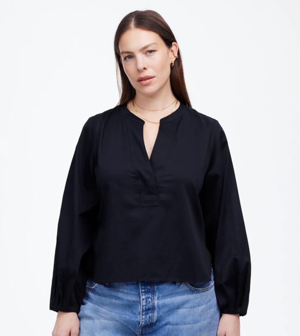 Madewell V-Neck Long-Sleeve Top SZ M Deep Indigo Pleated Sleeve Stretch Pullover